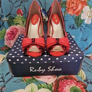 Ruby Shoo Perfect Red Peep-Toe Bow Pumps - Women's